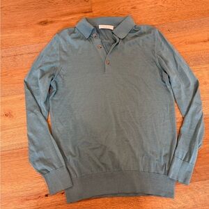 Men's Blue Long Sleeve Polo Shirt- Cashmere & Linen